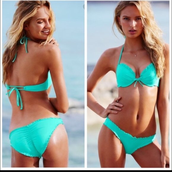 Victoria's Secret Swim Cheeky Bottom Size S SMALL Ruched Ruffle Mint Frost nwt - Picture 1 of 4